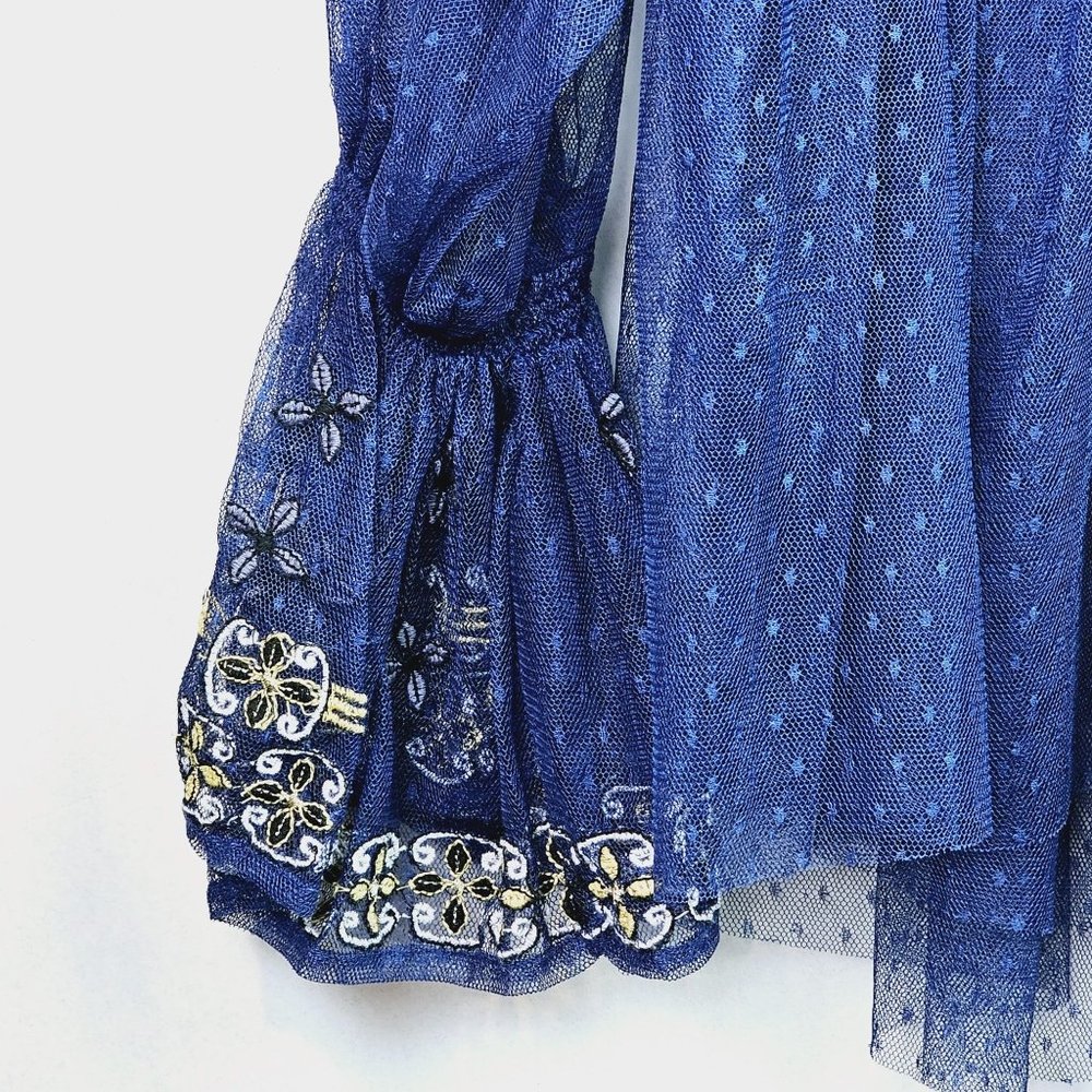 Free People Blue Gold Joy Ride Sheer Embroidered Poet Sleeve Top, Sz M, NWT $148 - Picture 6 of 10